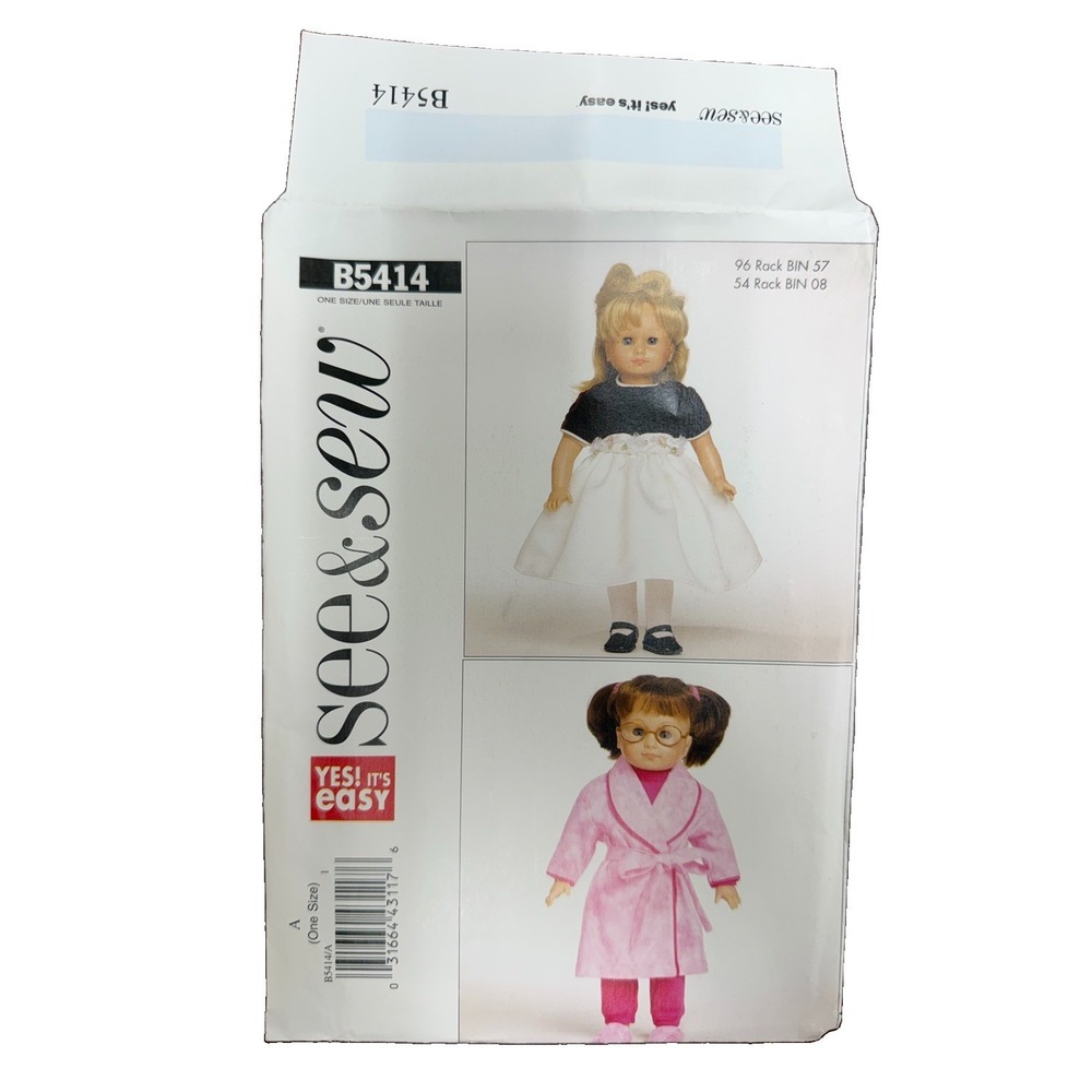Butterick B5414 18” Doll Clothes Sewing Pattern UNCUT Dress Robe Pajamas